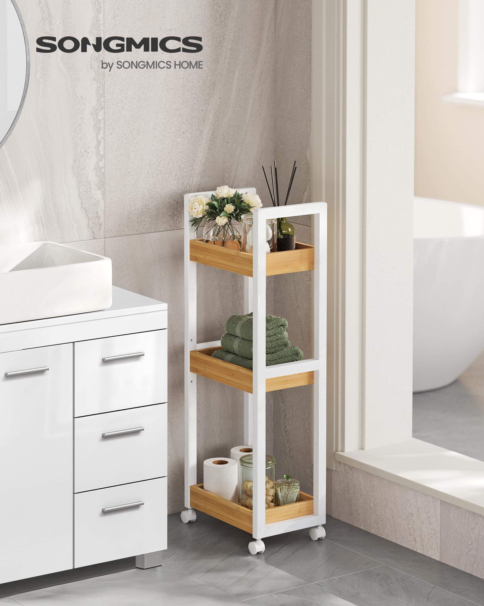 SONGMICS Bamboo Rolling Cart, 3-Tier Utility Cart on Wheels, Slim Narrow Storage Shelf, Bamboo Shelves, Space-Saving, Multifunctional, for Bathroom, Kitchen, White and Natural UBCB083N02