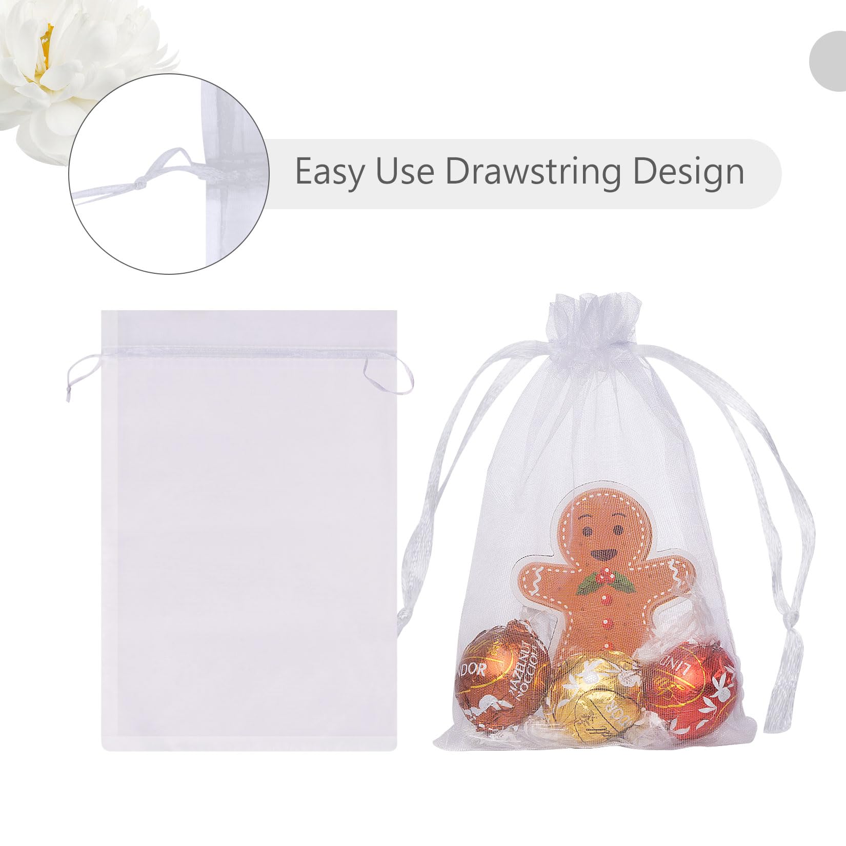 FUNFERY 100 Pcs Small Mesh Bags Drawstring,White Organza Bags 4x6 inch, Jewelry Drawstring Gift Bags Bulk Wedding Favor Bags Sachet Bags Sheer Organza Mesh Pouch,Candy Bags for Party Favor,Chritmas