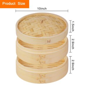 Bamboo Steamer Basket, 2-Tier Dumpling Steamer for Cooking, Bamboo Steamer 10 Inch Vegetable Steamer, Food Steamer for Meat, Dim Sum, Bao Bun, Fish, Rice, HOFHTD Wood Cooking Steamer Basket