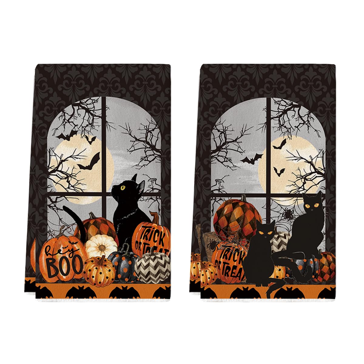 Artoid Mode Black Cat Moon Pumpkin Halloween Kitchen Towels Dish Towels, 18x26 Inch Bats Trick Or Treat Decoration Hand Towels Set of 2