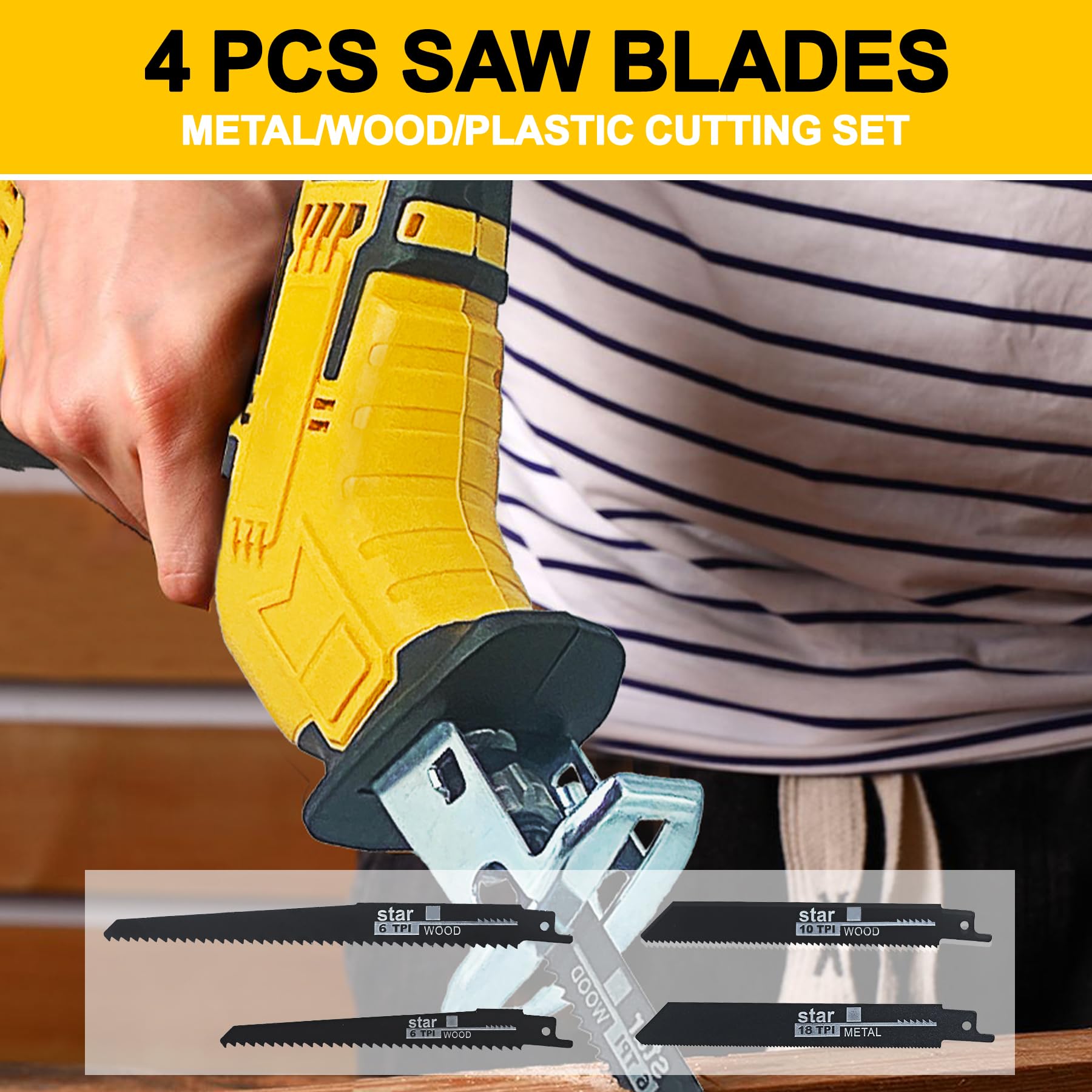 Cordless Reciprocating Saw for DeWalt 20V Battery, Brushless Power Recipro Saw, 0-3500SPM Variable Speed, Tool-free Blade Change, 4 Saw Blades Kit for Wood/Metal/PVC Cutting, Bare Tool