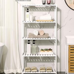 SONGMICS Bamboo Storage Shelf, 5-Tier Shelving Unit, Multifunctional, in The Entryway, Bathroom, Living Room, Balcony, Kitchen, 10.2 x 23.6 x 51.2 Inches, White UBCB35WT