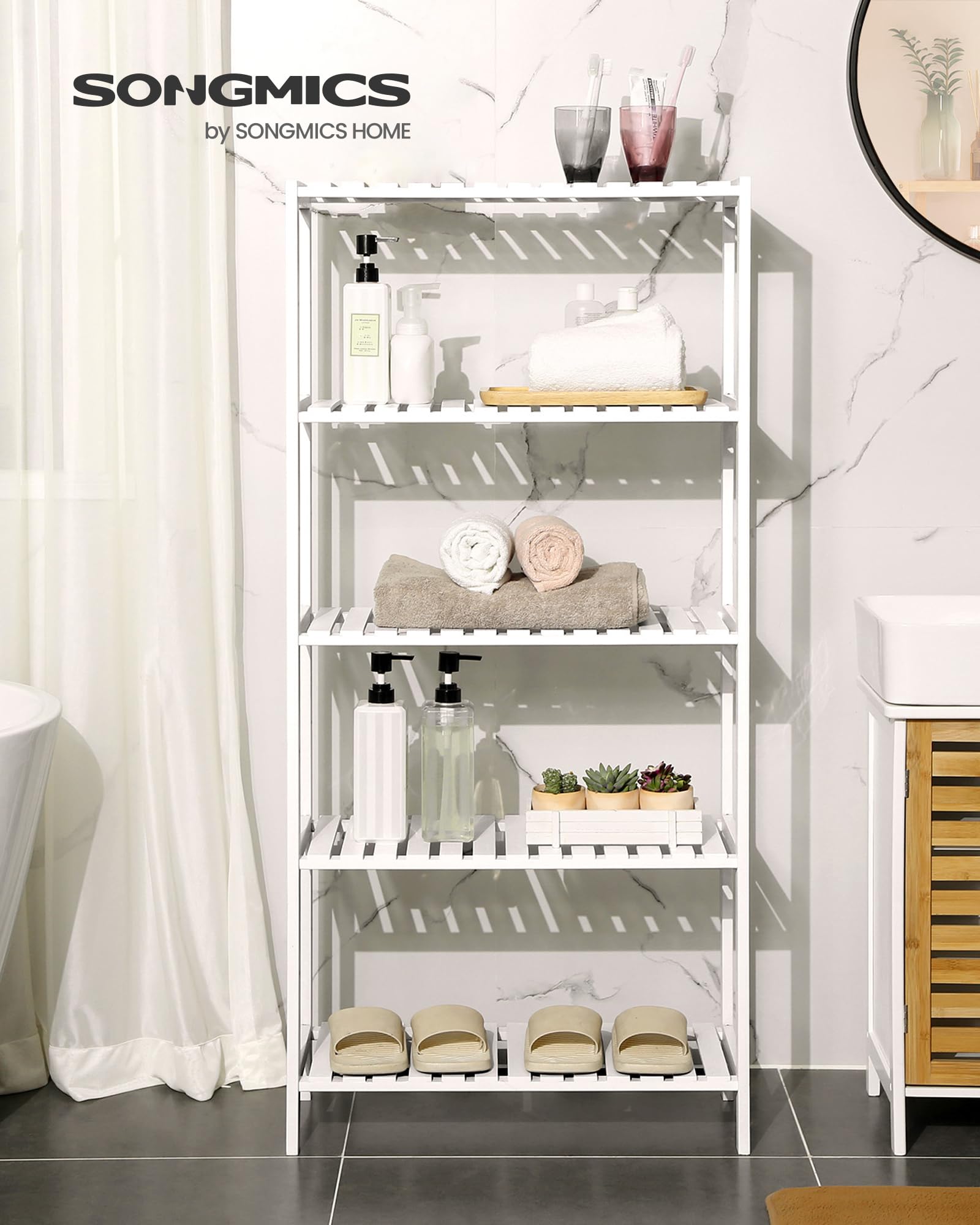 SONGMICS Bamboo Storage Shelf, 5-Tier Shelving Unit, Multifunctional, in The Entryway, Bathroom, Living Room, Balcony, Kitchen, 10.2 x 23.6 x 51.2 Inches, White UBCB35WT