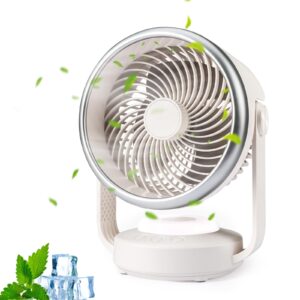 honeyyear desk air circulation fan 10 inch, 110°oscillation fan, 2024 new portable table fan, 2 level bright led light, 90°vertical tilt, personal quiet cooling fan for home office bedroom outdoor