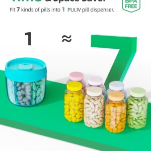 PULIV Portable Pill Dispenser Bottle, Vitamin Organizer with 7 Compartments, Holds Plenty of Supplements with Anti-Mixing & Wide Openings Design, Easy to Retrieve Meds, Includes 20 Pcs Labels Blue