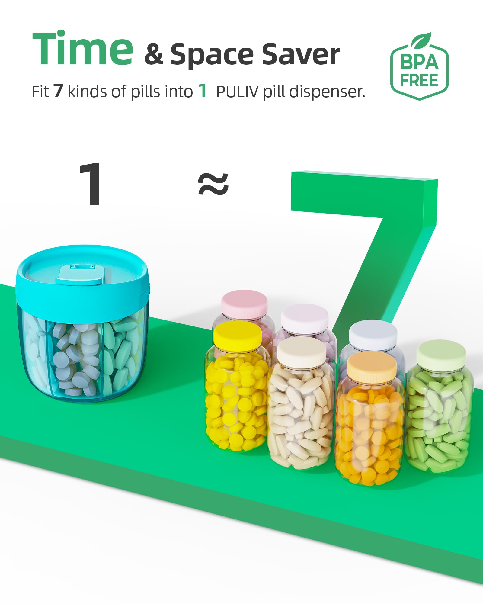 PULIV Portable Pill Dispenser Bottle, Vitamin Organizer with 7 Compartments, Holds Plenty of Supplements with Anti-Mixing & Wide Openings Design, Easy to Retrieve Meds, Includes 20 Pcs Labels Blue