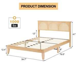 IDEALHOUSE Full Bed Frame with Rattan Headboard - Full Size Bed Frame with LED Lights, Boho Platform Bed Frame Full Size with Wooden Support Legs,No Box Spring Needed/Noise-Free/Easy Assembly