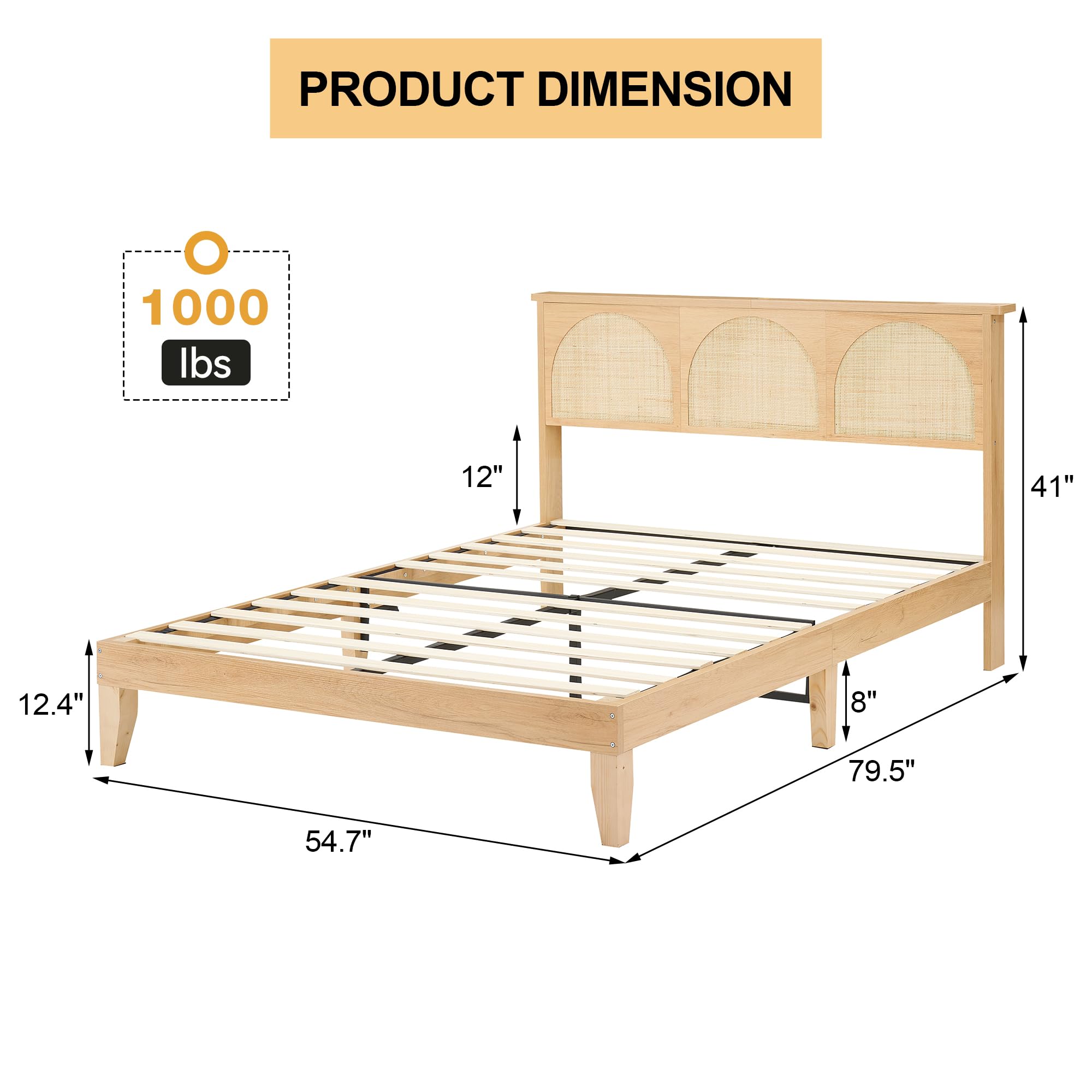 IDEALHOUSE Full Bed Frame with Rattan Headboard - Full Size Bed Frame with LED Lights, Boho Platform Bed Frame Full Size with Wooden Support Legs,No Box Spring Needed/Noise-Free/Easy Assembly