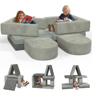 wanmwill modular couch kids，3pcs modular kids play couch，soft baby sofa made of memory foam，multifunctional toddlers fold out sofa for playing，creativing，sleeping (grey)