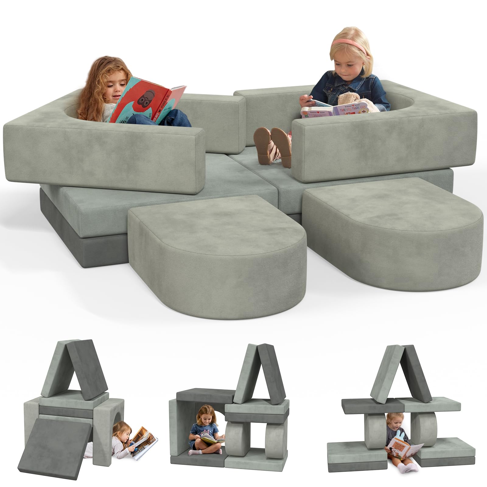 Wanmwill Modular Couch Kids，3PCS Modular Kids Play Couch，Soft Baby Sofa Made of Memory Foam，Multifunctional Toddlers Fold Out Sofa for Playing，Creativing，Sleeping (Grey)