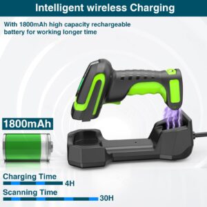 Symcode Wireless Charging Barcode Scanner, 1D/2D/DPM Symbologies, Global Shutter Scan Sensor, Long-Distance 433MHz Wireless & Bluetooth, Industrial Shock and Dust-Proof Barcode Reader, Green