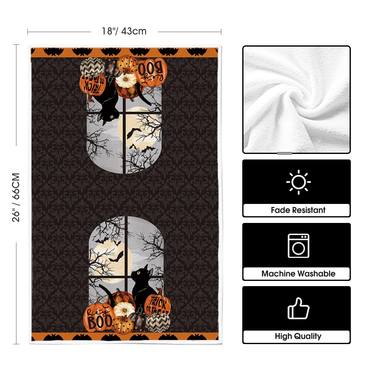 Artoid Mode Black Cat Moon Pumpkin Halloween Kitchen Towels Dish Towels, 18x26 Inch Bats Trick Or Treat Decoration Hand Towels Set of 2