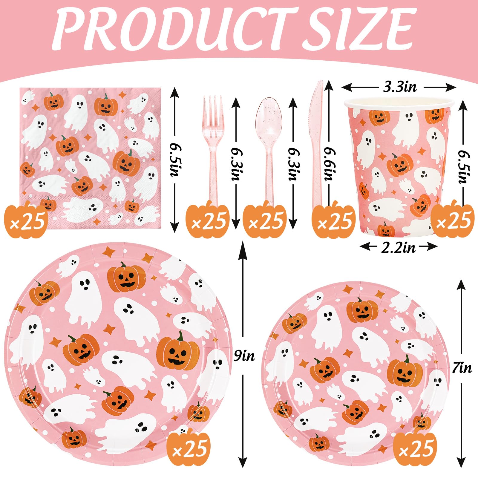 JarThenaAMCS Halloween Tableware Set Ghost Pumpkin Disposable Party Supplies Pink 9 & 7 Inch Paper Plates 6.5 Inch Napkins Cups and Cutlery for 25 Guests