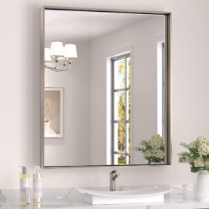 keonjinn 30 x 36 in brushed nickel bathroom mirror for over sink, rectangular silver metal framed rectangular vanity wall mirror square corner modern farmhouse rectangle mirror(horizontal/vertical)