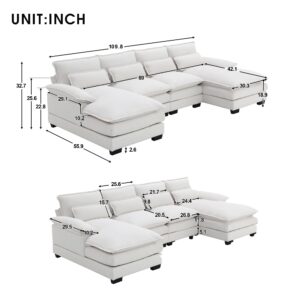 110" U-Shaped Sectional Sofa, Modern 6-Seater Upholstered Chenille Cloud Sofa Couch, Large Sleeper Sofa with Double Chaise Lounge for Living Room Bedroom Apartment Office (Cream White)