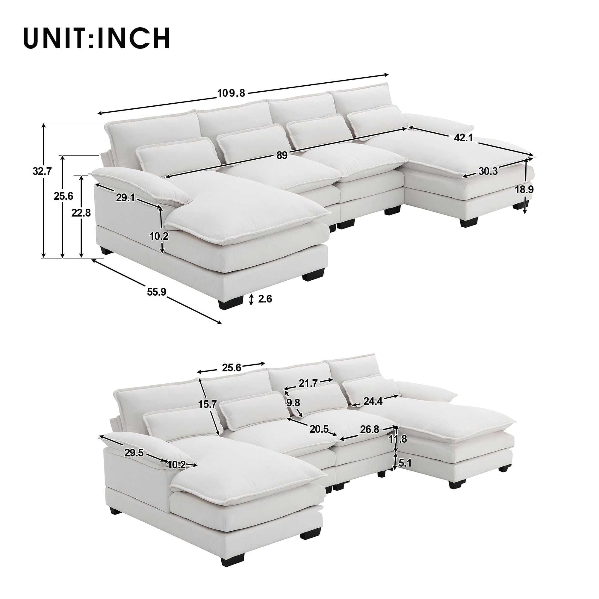 110" U-Shaped Sectional Sofa, Modern 6-Seater Upholstered Chenille Cloud Sofa Couch, Large Sleeper Sofa with Double Chaise Lounge for Living Room Bedroom Apartment Office (Cream White)