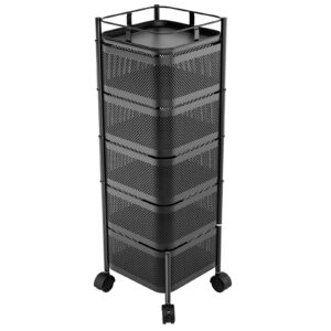 honrane rotating storage rack for kitchen, 5 tier fruit and vegetable kitchen storage cart, large storage rack with 360 degree wheels,arge metal wire basket with top lid for living room, office, blac