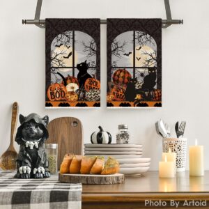 Artoid Mode Black Cat Moon Pumpkin Halloween Kitchen Towels Dish Towels, 18x26 Inch Bats Trick Or Treat Decoration Hand Towels Set of 2