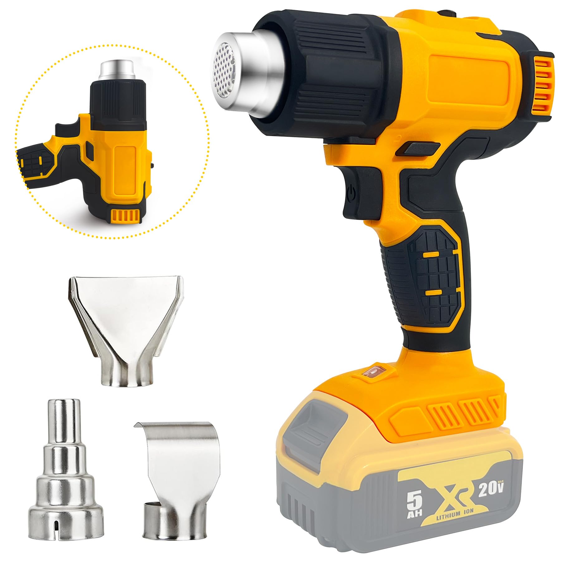 Cordless Heat Gun for Dewalt 20V Battery, Hot Air Gun Dual Temperature Settings 572°F and 1022℉ with 3 Nozzles for Crafts, Shrinking PVC, Stripping Paint, Loosen Bolts and More (No Battery)