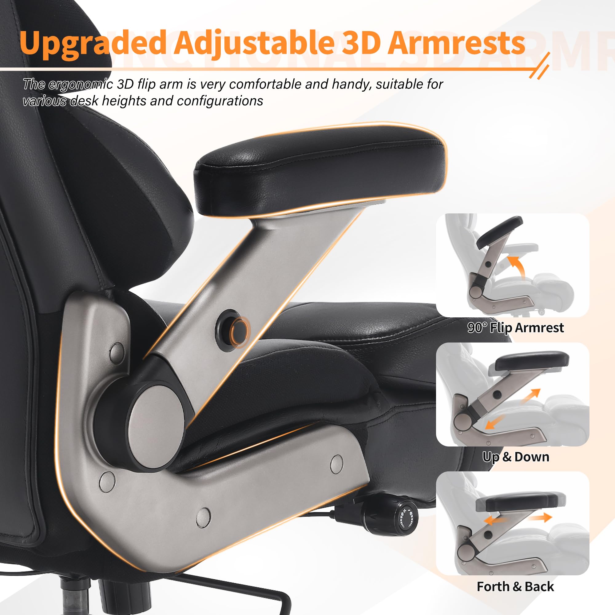 VUZI 500lbs Big and Tall Office Chair-Large Computer Chair with Adjustable Lumbar Support 3D Flip Arms Plus Size Wheels, High Back Executive Desk Chair, Heavy Duty Metal Base, Thick Padded Wide Seat