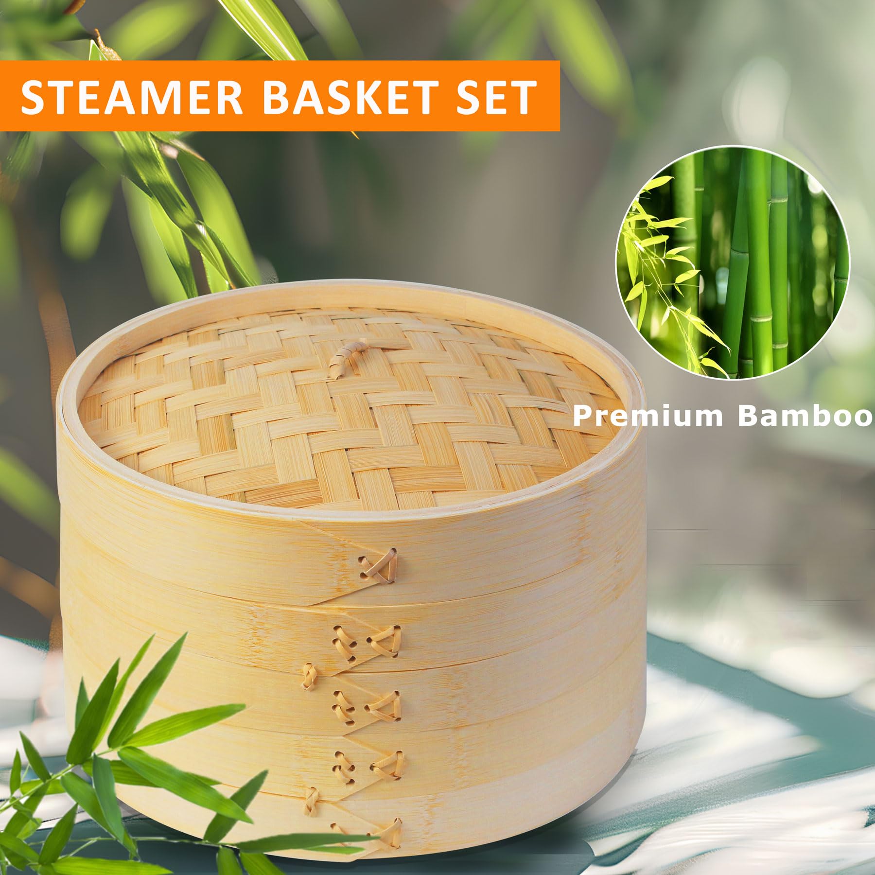 Bamboo Steamer Basket, 2-Tier Dumpling Steamer for Cooking, Bamboo Steamer 10 Inch Vegetable Steamer, Food Steamer for Meat, Dim Sum, Bao Bun, Fish, Rice, HOFHTD Wood Cooking Steamer Basket