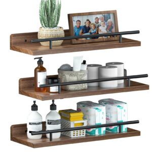 rustic floating shelves for wall, 15.6in wall shelves for room wall, wall mounted shelves with black metal guardrail, wood shelves for bedroom, bathroom wall shelf for wall decor, dark brown, set of 3