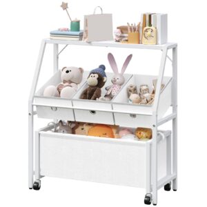 mahancris toy storage organizer for kids, toddler toy storage with wheeled, toy storage shelf with 3 storage bin, for living room, nursery, playroom, bedroom, white scbw16801