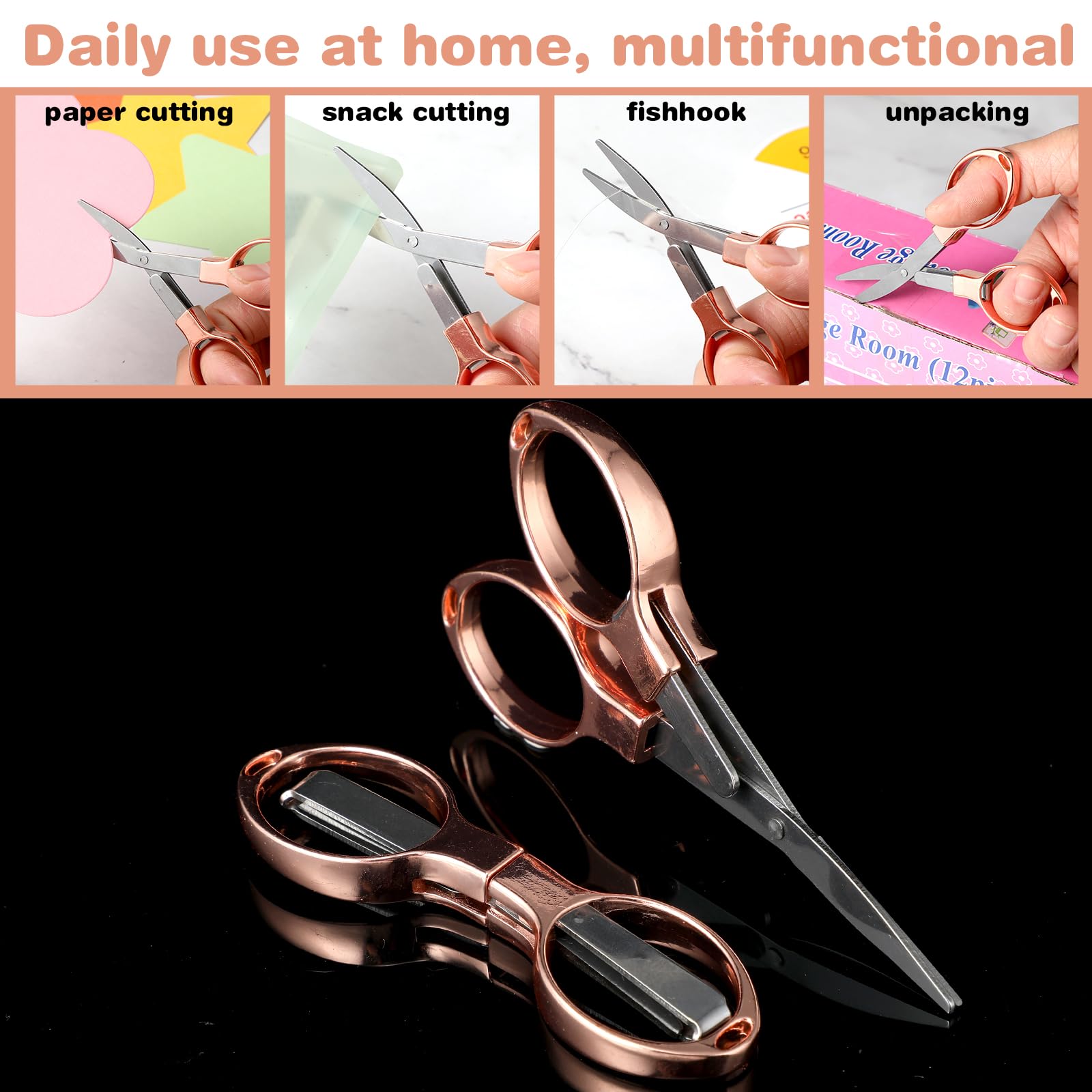 JIEYAO 2 Pcs Folding Scissors, Portable Travel Scissors, Safe Small Scissors Stainless Steel Retractable Mini Scissors Glasses-Shaped Telescopic Cutter for Nursing Home Office Fishing Trip(Rose Gold)