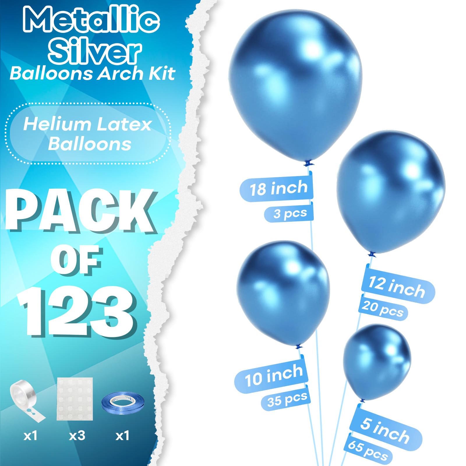 Metallic Blue Balloons Different Size, 123 Packs Blue Balloons Arch Kit, Pack of 18 12 10 5 Inch Chrome Blue Balloons Garland for Graduation Baby Shower Birthday Wedding Decoration