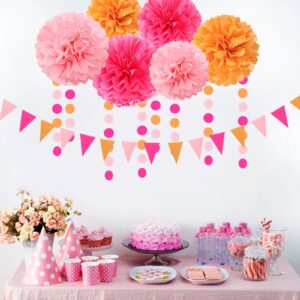 Hot-Pink Burnt-Orange Fall Party Decorations - 23pcs Birthday Baby Shower Tissue Pom Poms Streamers,Sunset Autumn Thanksgiving Tassel Garland Banner,Bridal Wedding Graduation Decor Backdrop Ouruola