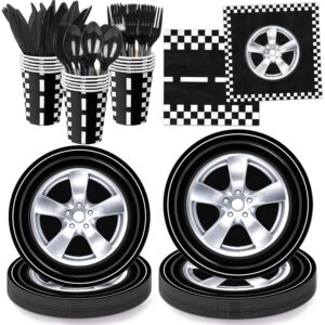 qiyanpax 168 pcs race car birthday party decorations cars birthday party supplies includes plates, napkins, cups, cutlery for kids boys birthday party decorations, serves 24