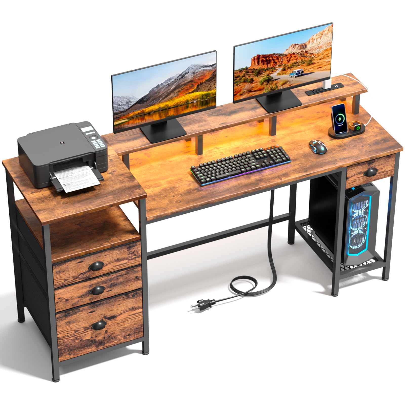 Furologee Computer Desk with 4 Drawers, 60" Office Long Desk with Fabric File Cabinet and Power Outlets, Gaming Desk with LED Lights, Study Writing Work Desk for Home Office, Rustic Brown