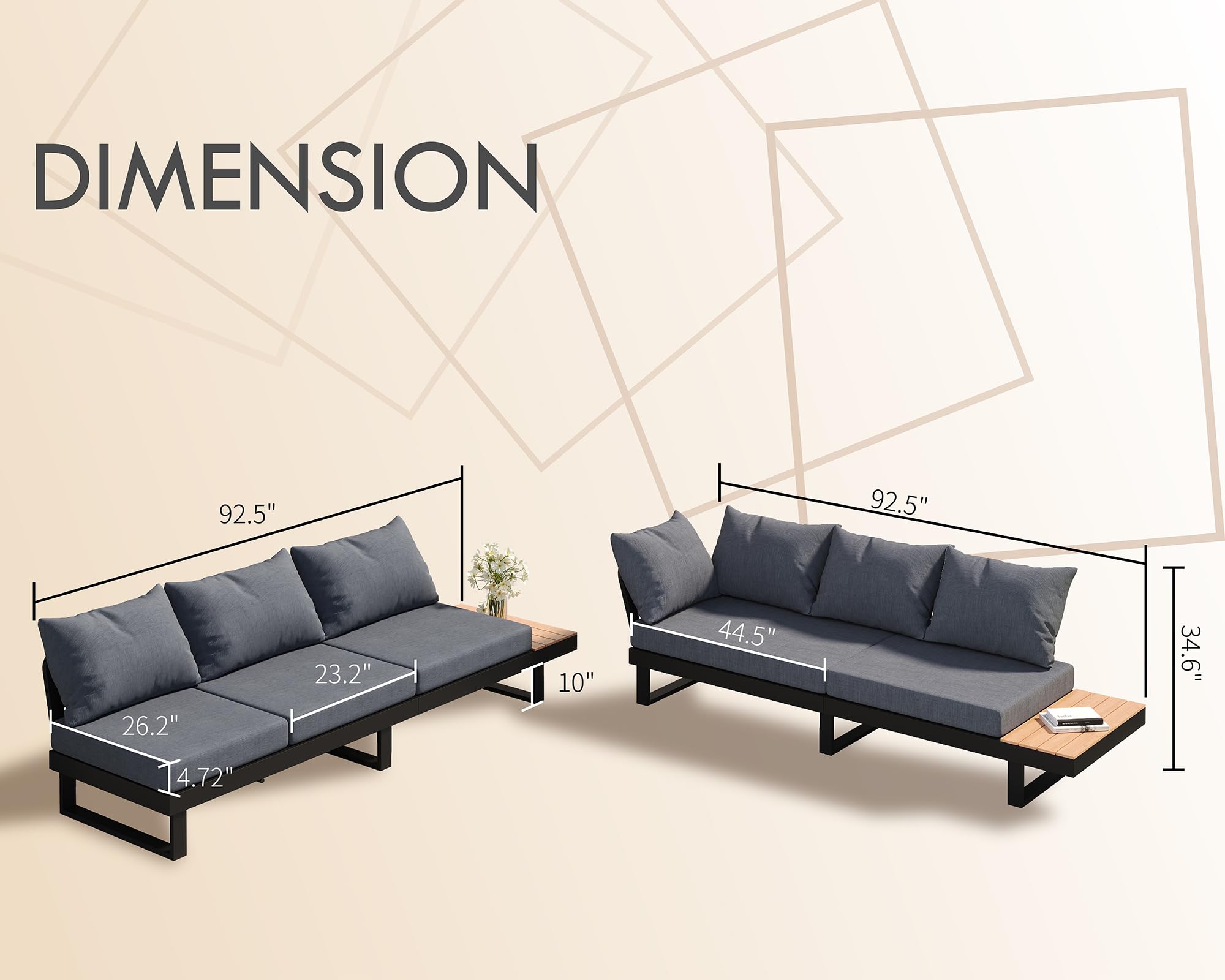 PaPaJet Aluminum Patio Conversation Set with Backrest, 3 Piece 3 Seat Modern Outdoor Furniture Set with Wood Grain Plastic Top Side Table for Backyard Porch, Gray