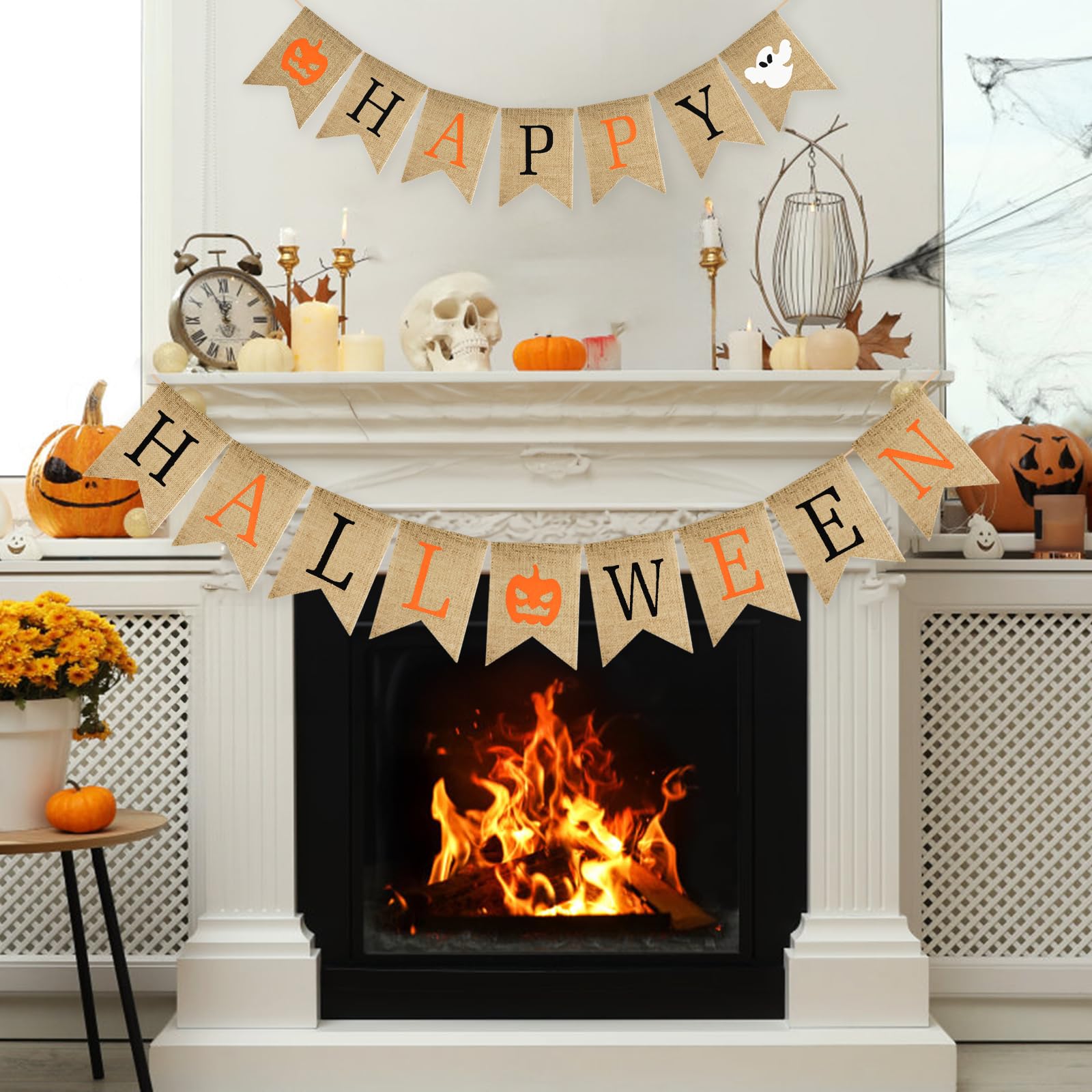 GCQQ Happy Halloween Banner, Prestrung Halloween Banner Burlap, Ghost Burlap Bannner, Black and Orange Halloween Banner Sign, Burlap Halloween Banner for Fireplace, Mantle, Doorway Halloween Party