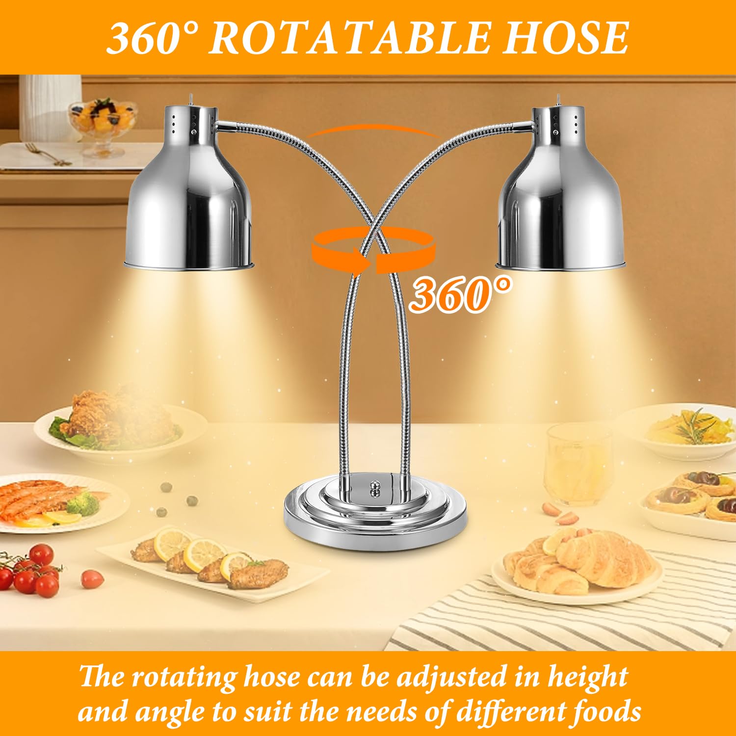 Rcqeuiol Food Heat Lamp Commercial Food Warmer Lamp Adjustable 2-Head Food Warming Light, Food Heating Lamp Warmer, Stainless Steel Food Warming Lamp for Kitchen Cafeteria Restaurant Buffet