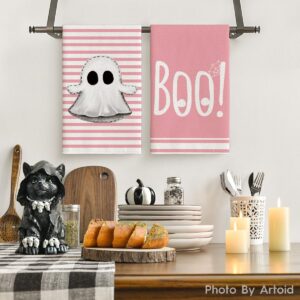 Artoid Mode Pink Stripes Ghost Boo Spooky Halloween Kitchen Towels Dish Towels, 18x26 Inch Bow Knot Decoration Hand Towels Set of 4