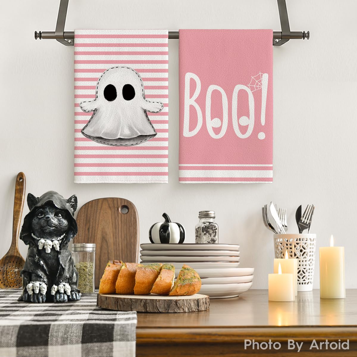 Artoid Mode Pink Stripes Ghost Boo Spooky Halloween Kitchen Towels Dish Towels, 18x26 Inch Bow Knot Decoration Hand Towels Set of 4