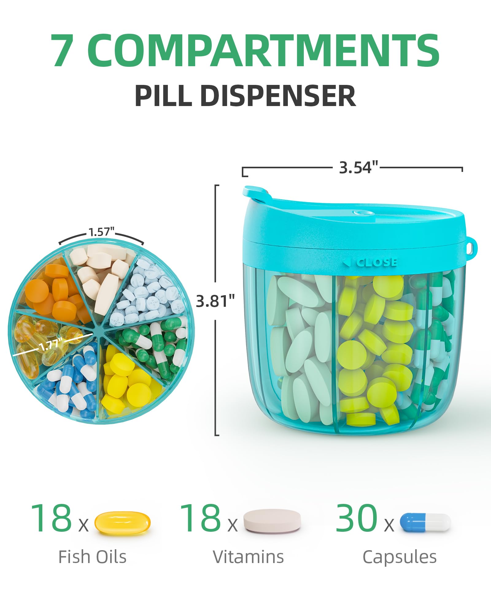 PULIV Portable Pill Dispenser Bottle, Vitamin Organizer with 7 Compartments, Holds Plenty of Supplements with Anti-Mixing & Wide Openings Design, Easy to Retrieve Meds, Includes 20 Pcs Labels Blue