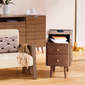 KINGBO Solid Wood Nightstand w/USB and Wireless Charging Station, Bedside Table w/ 2 Drawers & Open Shelf, Mid Century Modern Night Stand, End Side Table for Bedroom, No Assembly Needed, Walnut