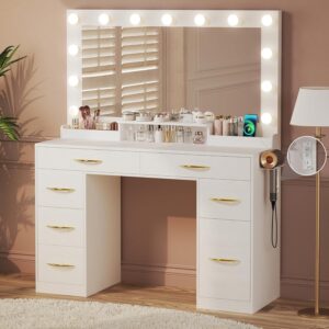 huahuu makeup vanity desk with lights, vanity desk with large mirror, white vanity with outlets large drawers & storage, 3 lighting color adjustable, bedroom dressing table