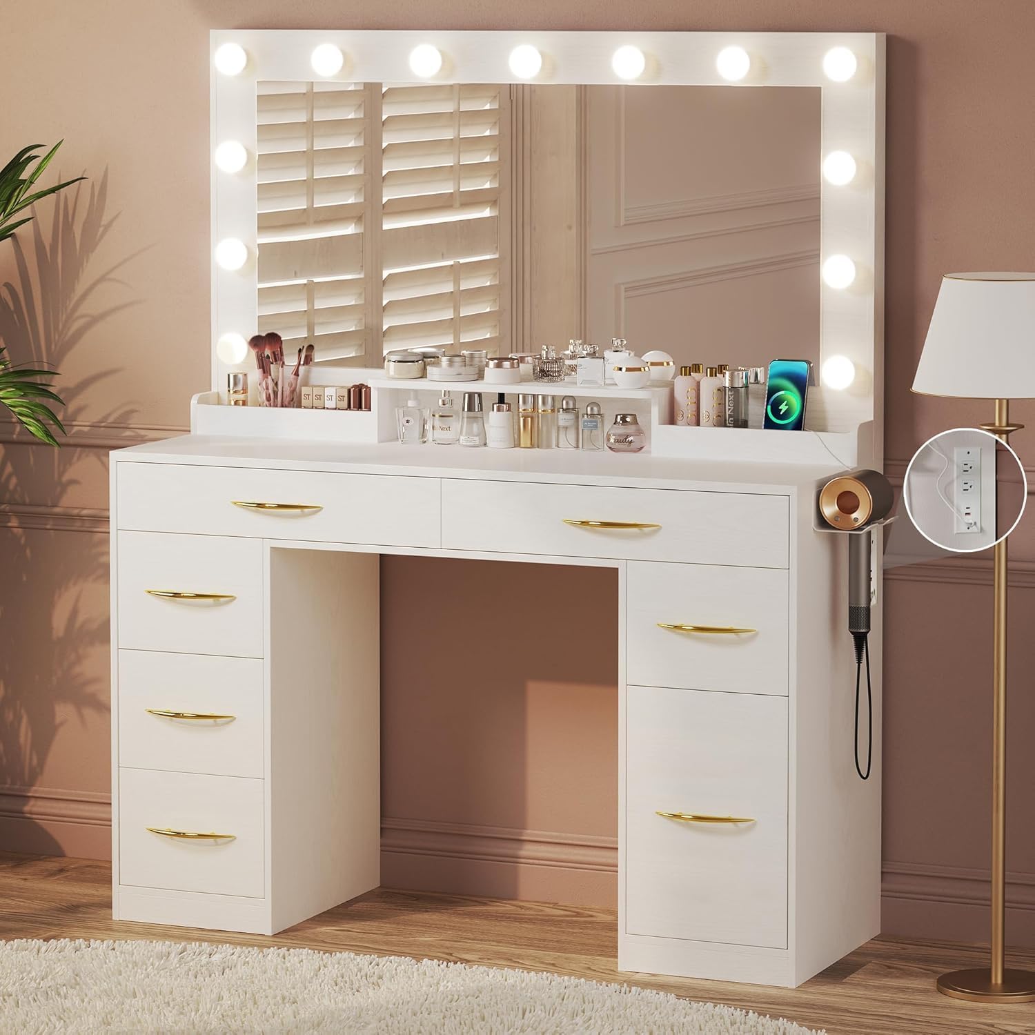 HUAHUU Makeup Vanity Desk with Lights, Vanity Desk with Large Mirror, White Vanity with Outlets Large Drawers & Storage, 3 Lighting Color Adjustable, Bedroom Dressing Table