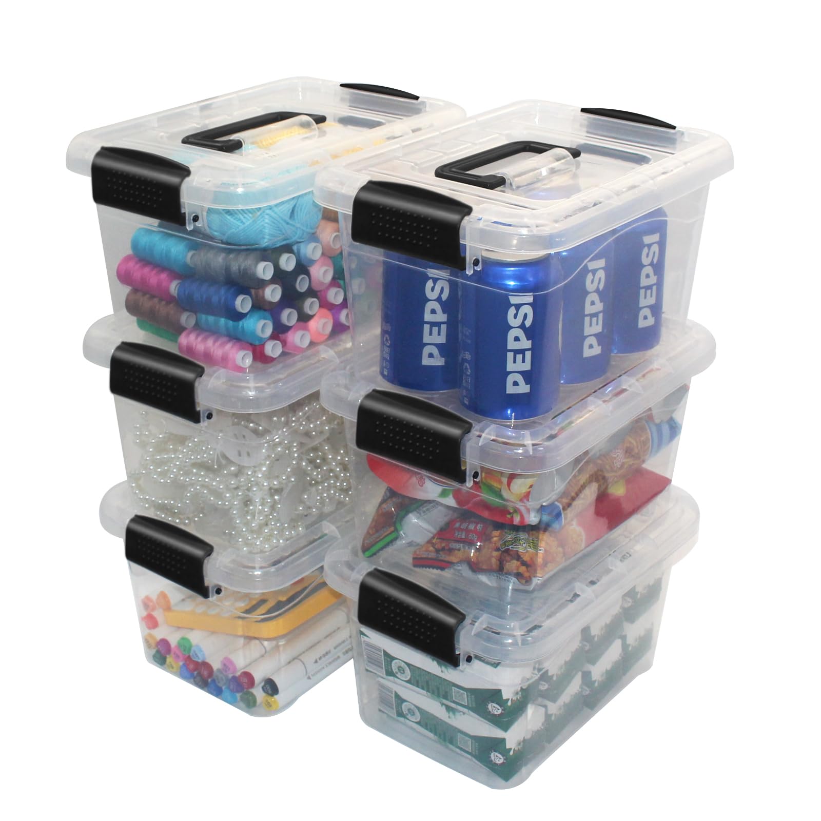 WeiMeet 6 Packs Plastic Storage Bins with Lids and Handle, 7 Quart Storage Organizer Bins with Black Buckle Lids Stackable Storage Container Clear Plastic Latching Box for Storage Organizing