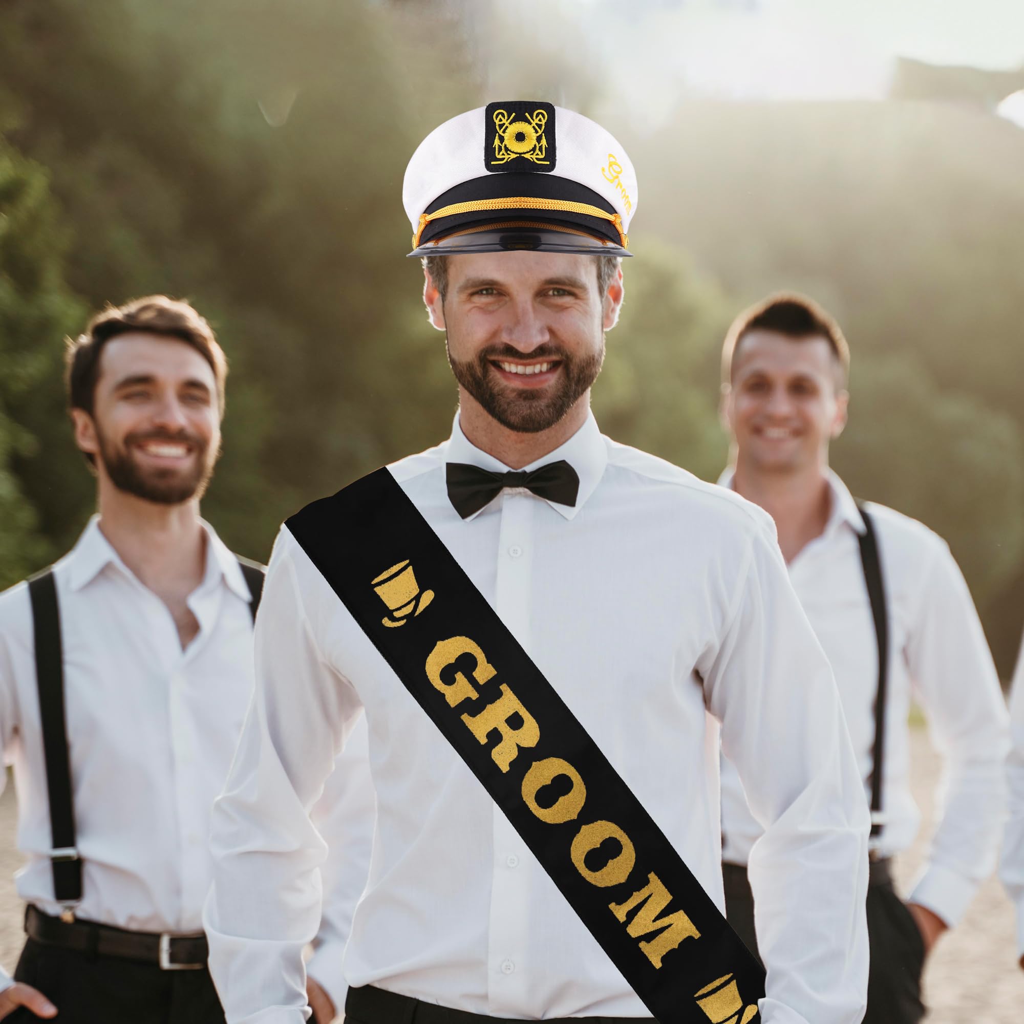 Bachelor Party Captain's Hat, Glasses, Sash Set - Groom To Be Accessories Set Includes Captain's Hat Groom Sunglasses Groom Sash Funny Bridal Shower Groomsman Wedding Gifts Favors Decor Decorations