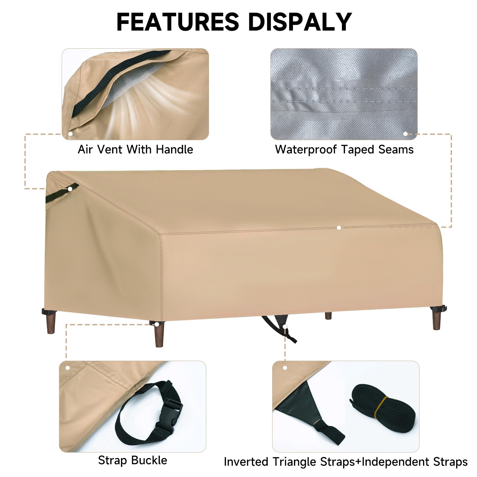 NEVERLAND Outdoor Couch Cover Waterproof, 420D Patio Outdoor Sofa Loveseat Furniture Cover with Air Vent and Handles Fits up to 60"W×34"D×30"H Golden