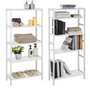 SONGMICS Bamboo Storage Shelf, 5-Tier Shelving Unit, Multifunctional, in The Entryway, Bathroom, Living Room, Balcony, Kitchen, 10.2 x 23.6 x 51.2 Inches, White UBCB35WT