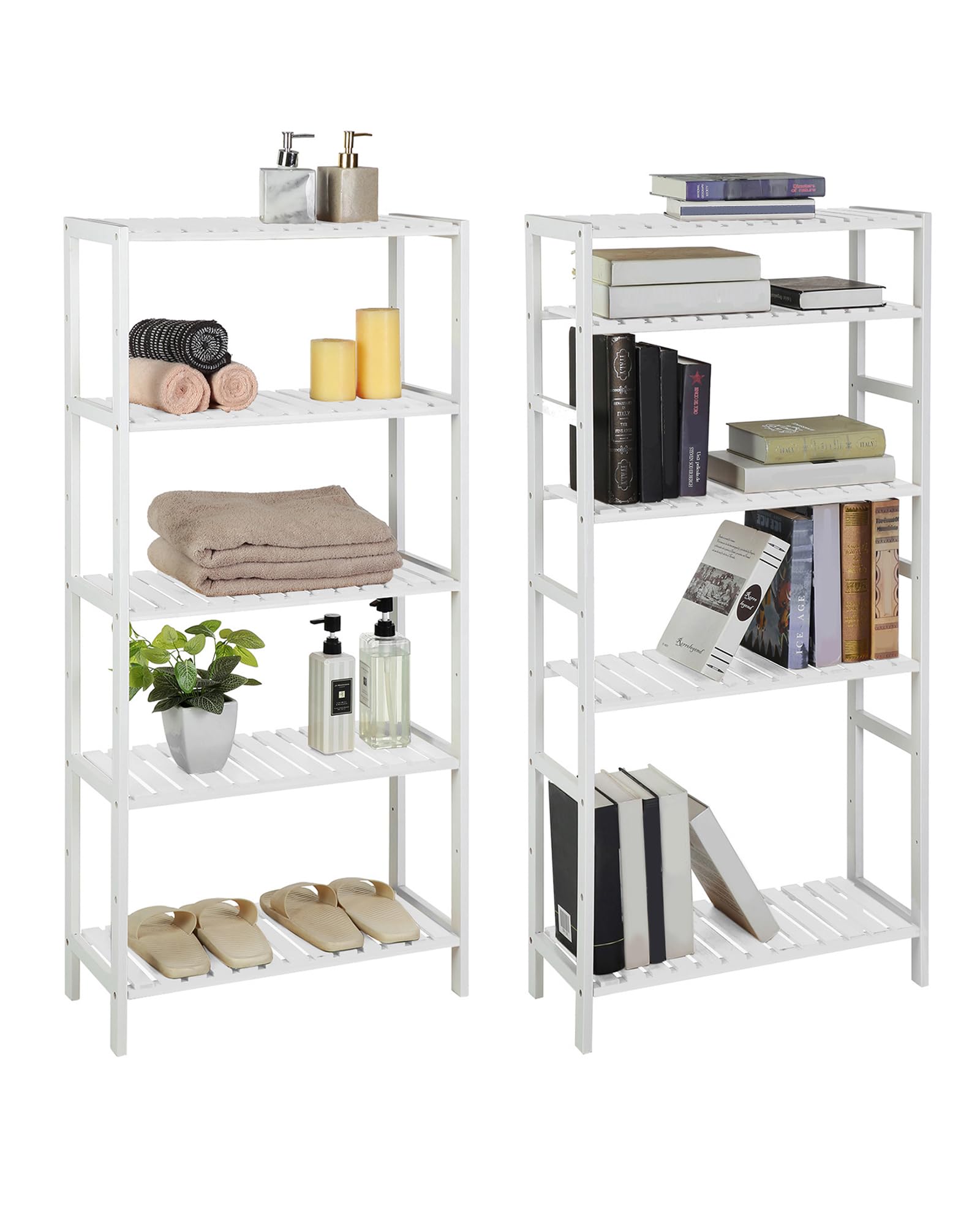 SONGMICS Bamboo Storage Shelf, 5-Tier Shelving Unit, Multifunctional, in The Entryway, Bathroom, Living Room, Balcony, Kitchen, 10.2 x 23.6 x 51.2 Inches, White UBCB35WT