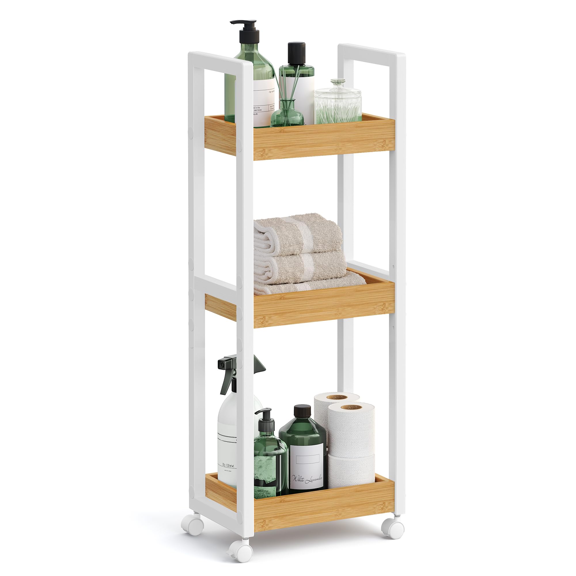 SONGMICS Bamboo Rolling Cart, 3-Tier Utility Cart on Wheels, Slim Narrow Storage Shelf, Bamboo Shelves, Space-Saving, Multifunctional, for Bathroom, Kitchen, White and Natural UBCB083N02