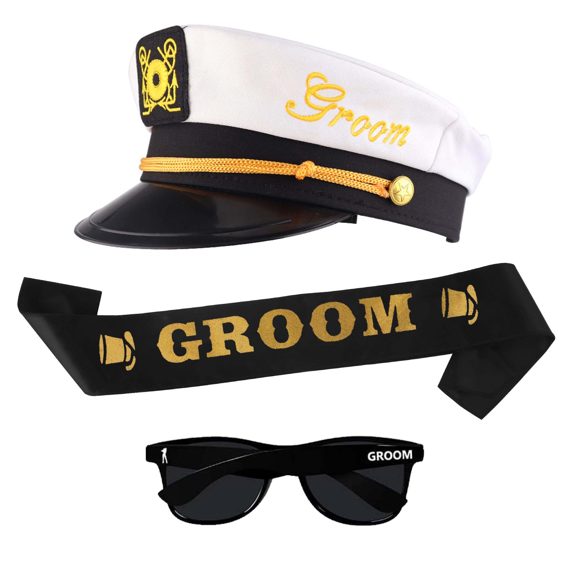 Bachelor Party Captain's Hat, Glasses, Sash Set - Groom To Be Accessories Set Includes Captain's Hat Groom Sunglasses Groom Sash Funny Bridal Shower Groomsman Wedding Gifts Favors Decor Decorations