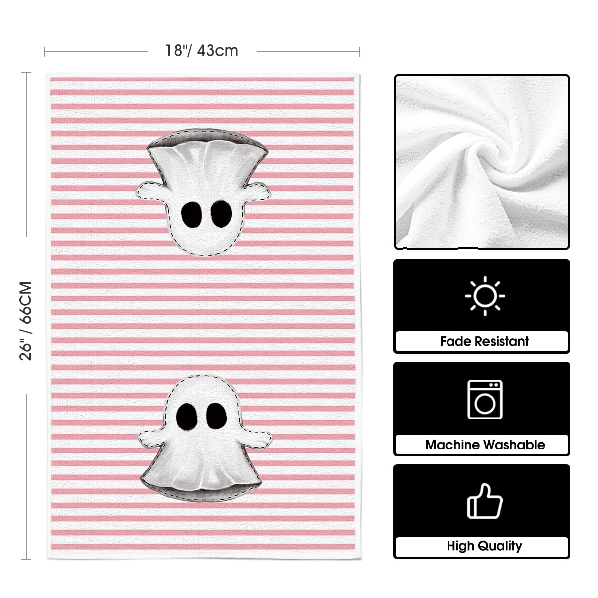 Artoid Mode Pink Stripes Ghost Boo Spooky Halloween Kitchen Towels Dish Towels, 18x26 Inch Bow Knot Decoration Hand Towels Set of 4