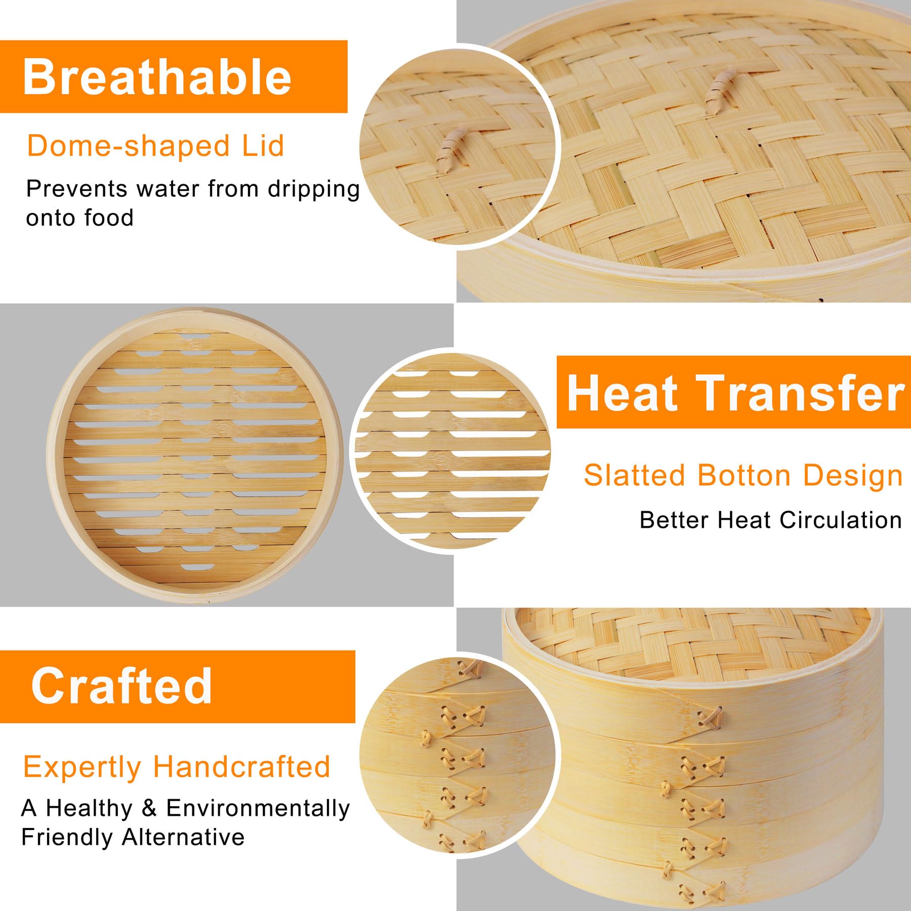 Bamboo Steamer Basket, 2-Tier Dumpling Steamer for Cooking, Bamboo Steamer 10 Inch Vegetable Steamer, Food Steamer for Meat, Dim Sum, Bao Bun, Fish, Rice, HOFHTD Wood Cooking Steamer Basket